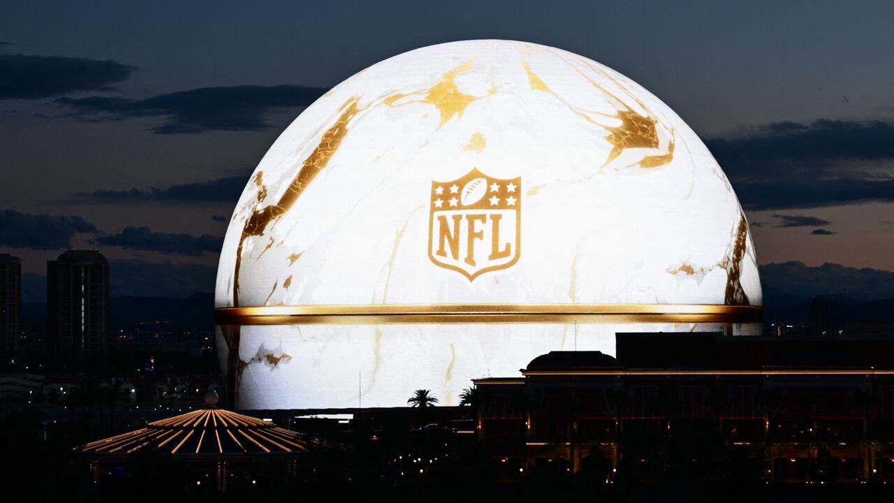 The NFL logo is displayed on the Sphere arena ahead of Super Bowl LVIII in Las Vegas, Nevada, on Feb. 7, 2024. 