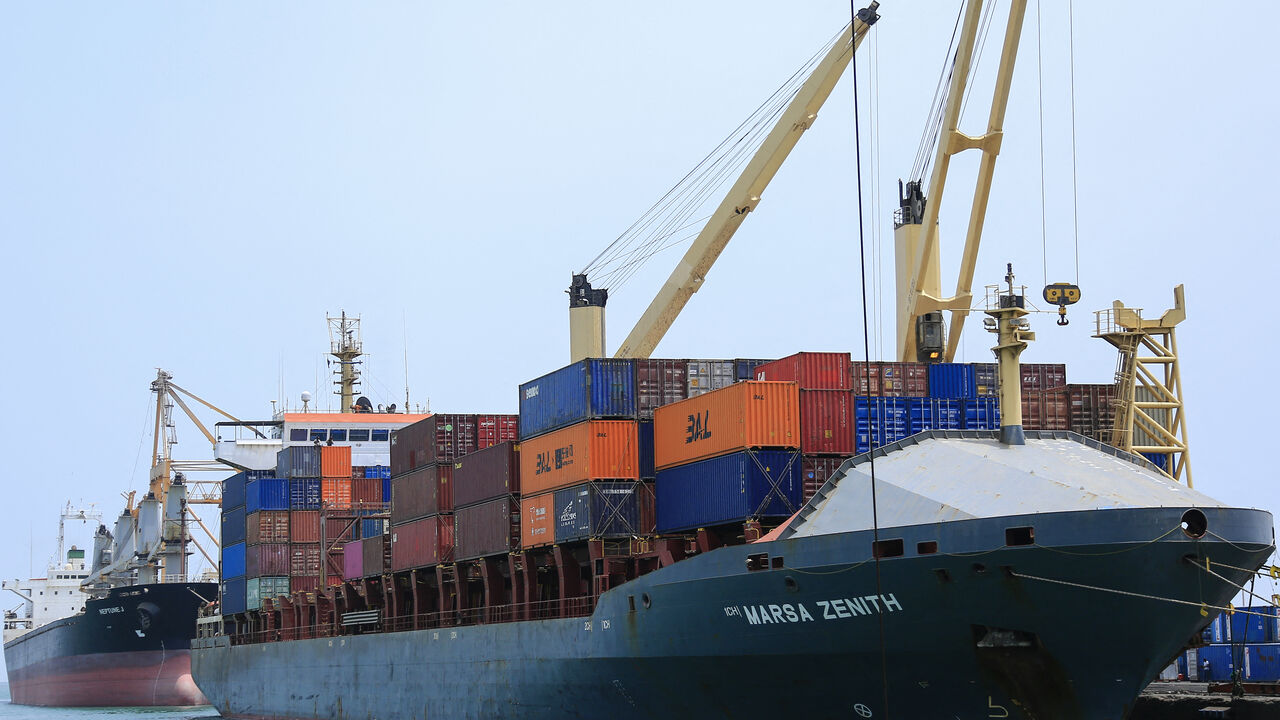 A cargo ship is docked at the port of Yemen's Huthi-held city of Hodeida on July 28, 2024. Photo by -/AFP via Getty Images)