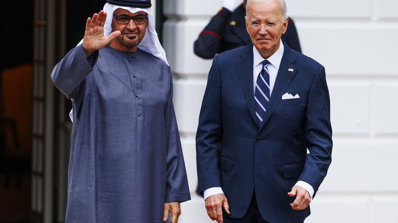 US President Joe Biden greets Sheikh Mohamed bin Zayed Al Nahyan, President of the United Arab Emirates at the White House, on Monday, September 23, 2024 in Washington, District of Columbia. World leaders including President Biden and President Nahyan will travel to New York for the United Nations General Assembly. (Photo by Aaron Schwartz / Middle East Images / Middle East Images via AFP) (Photo by AARON SCHWARTZ/Middle East Images/AFP via Getty Images)