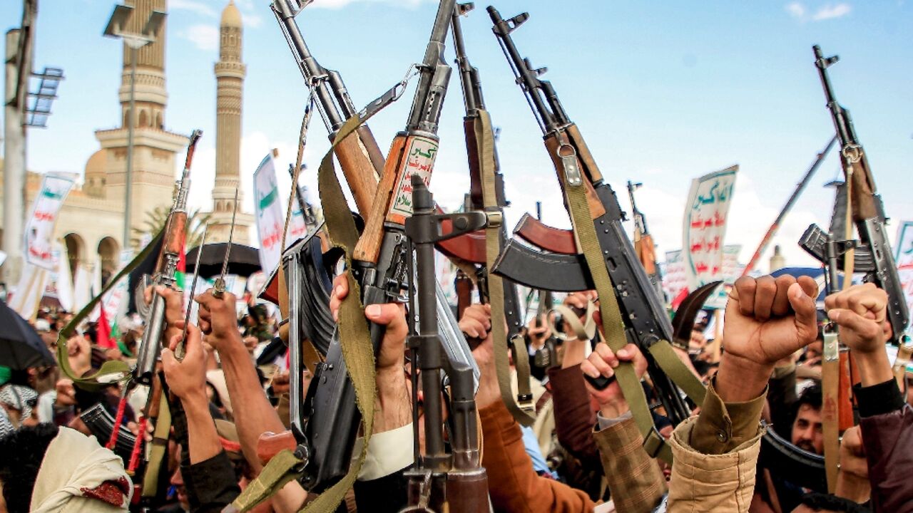 Demonstrators rally outside a mosque in Yemen's Huthi-held Sanaa on March 29, 2024 Demonstrators rally outside a mosque in Yemen's Huthi-held Sanaa on March 29, 2024