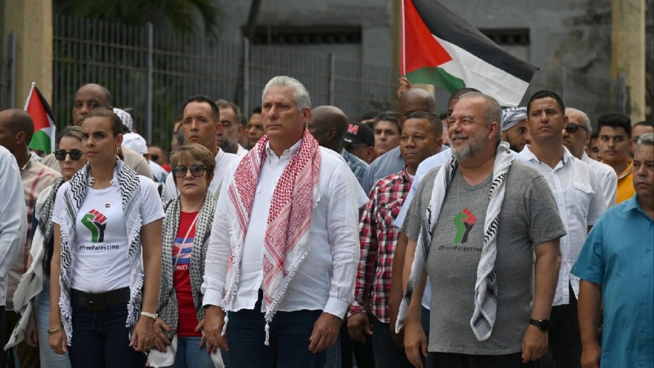 The demonstrators, who included some 250 Palestinian medical students living in Cuba, carried a large banner that read 'Long live free Palestine'