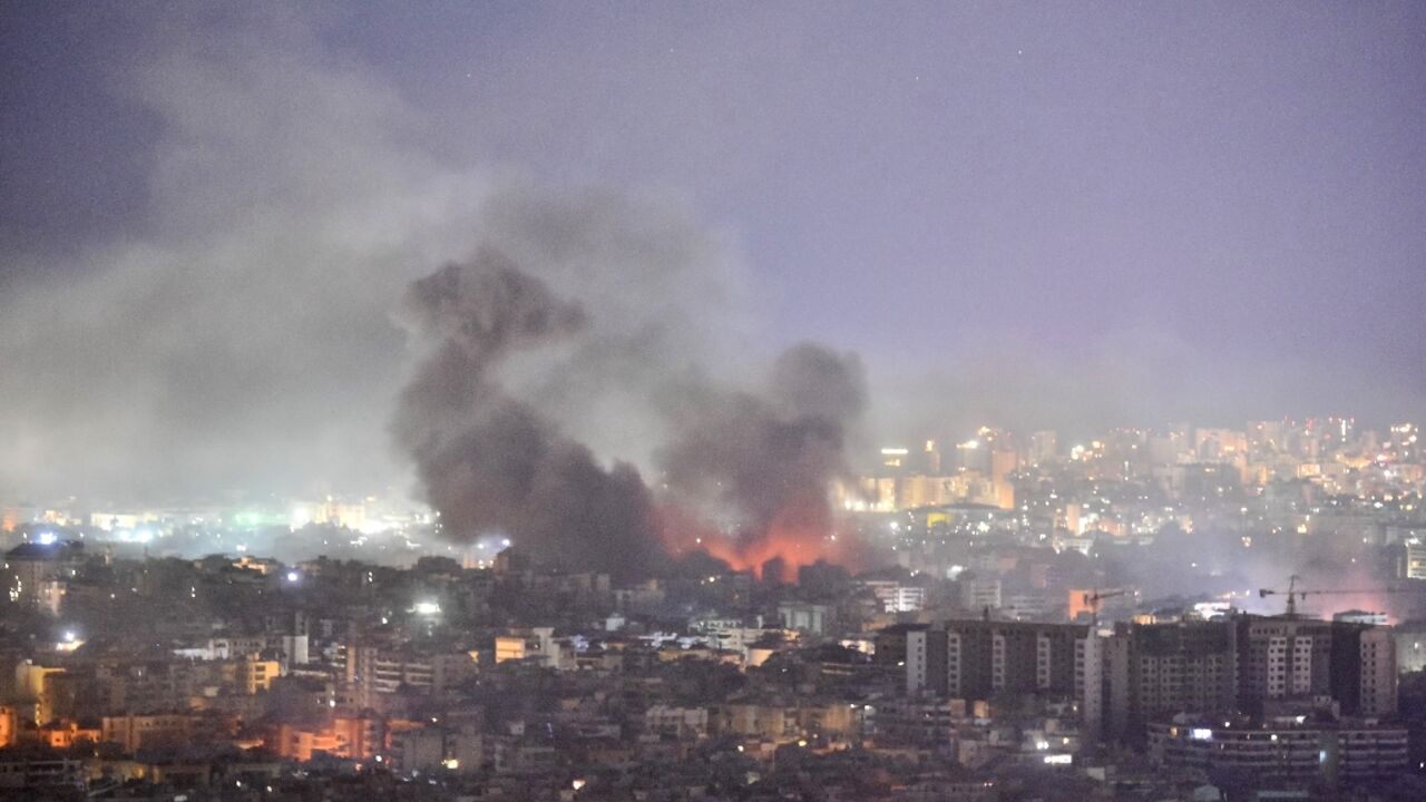 Smoke and flames rise over southern Beirut after an Israeli air strike