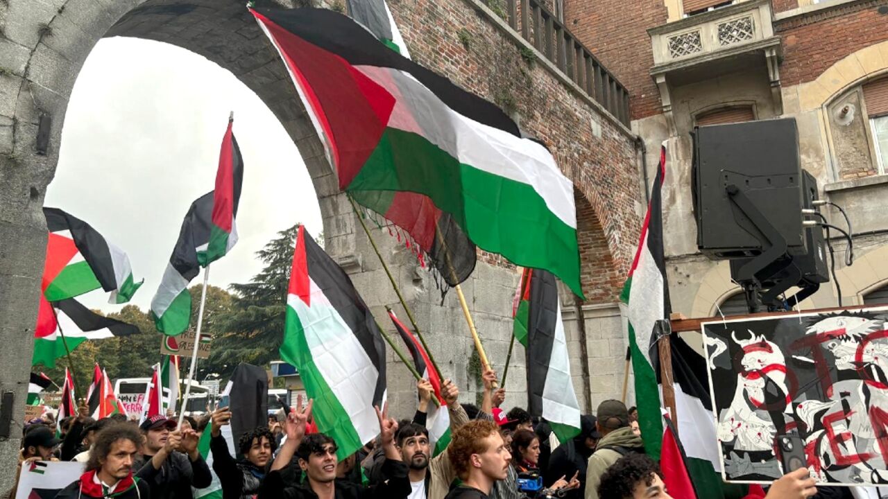 Pro-Palestinian demonstrators staged a peaceful march through Udine, Italy, ahead of Israel's Nations league game against Italy