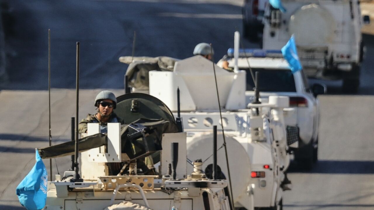 Peacekeepers from the United Nations Interim Force in Lebanon (UNIFIL) patrol in Marjayoun, southern Lebanon