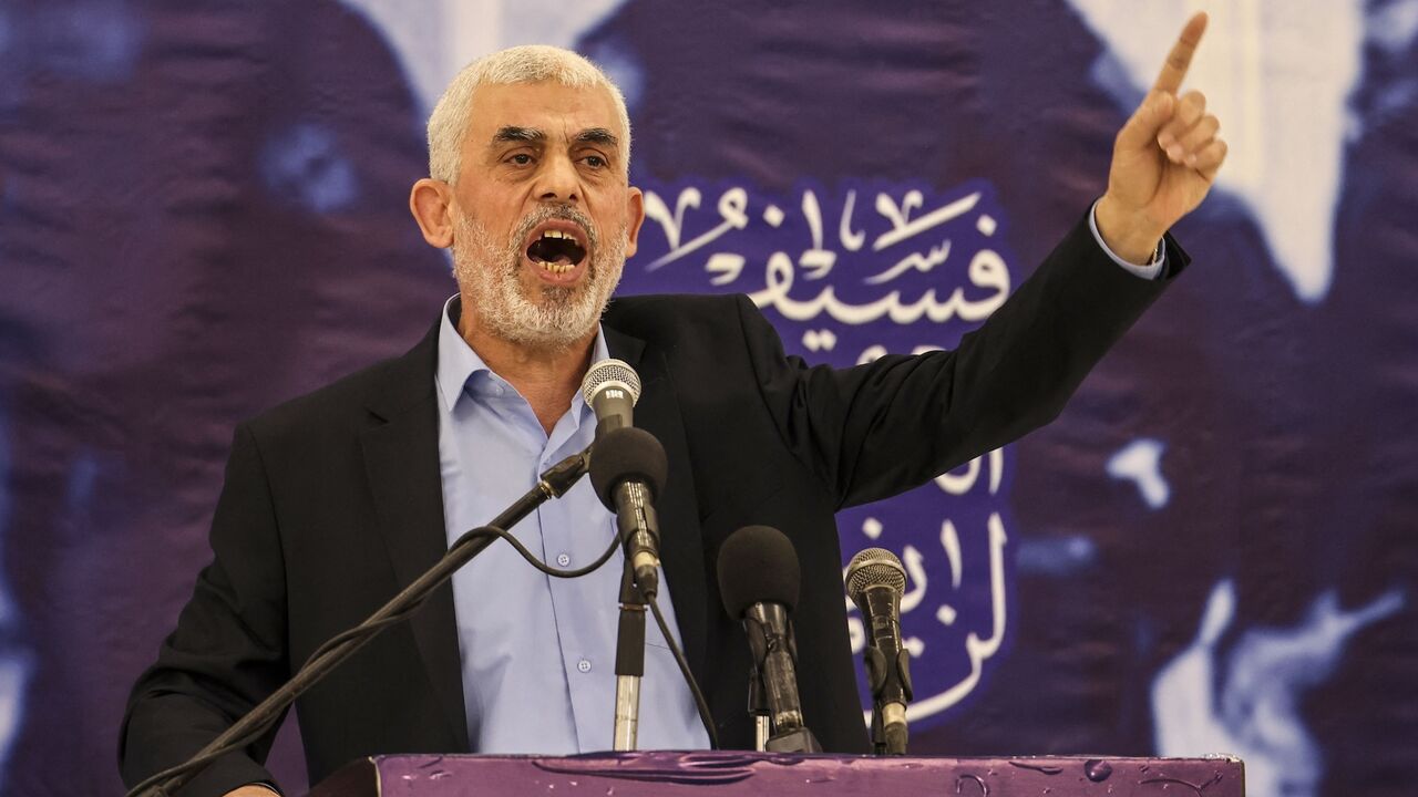 Yahya Sinwar, leader of the Palestinian Hamas movement speaks during a gathering in Gaza City, April 30, 2022.