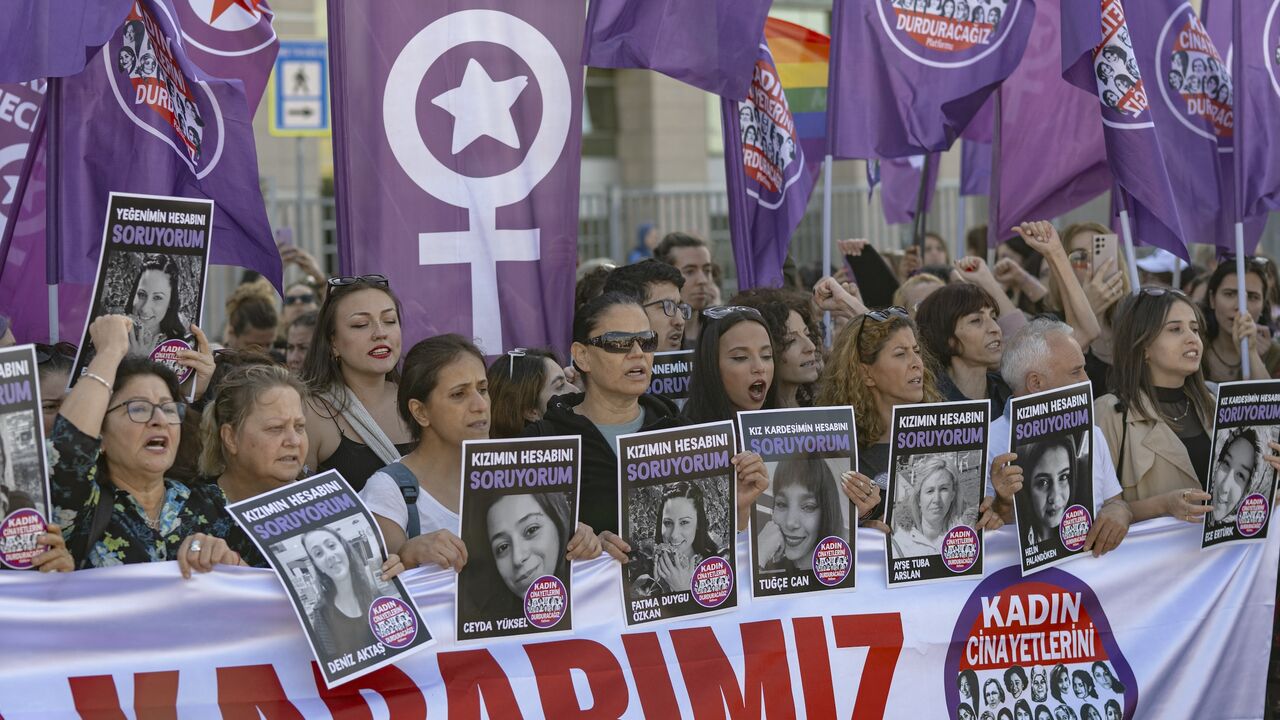 Protesters take part in a demonstration in support of We Will Stop Femicide outside the courthouse in Istanbul on Sept. 13, 2023.