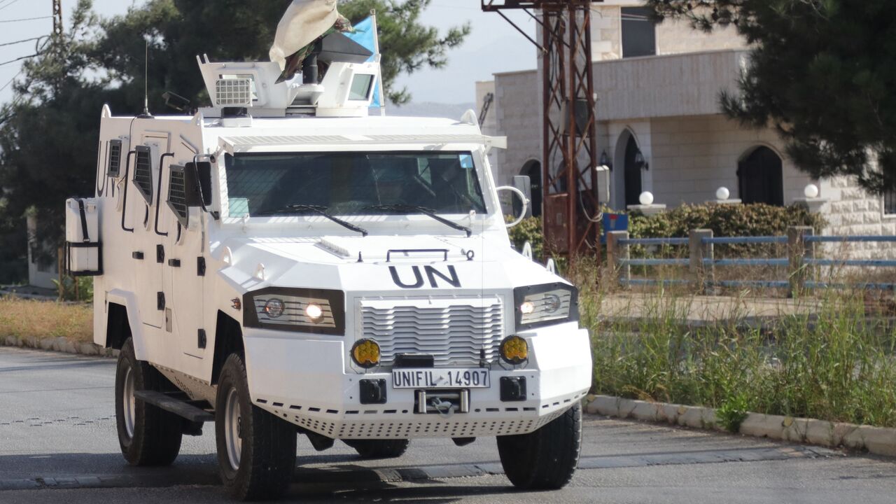 Members of the UNIFIL patrol the southern Lebanese Marjayoun district, near the border with Israel, on Oct. 16, 2024. 