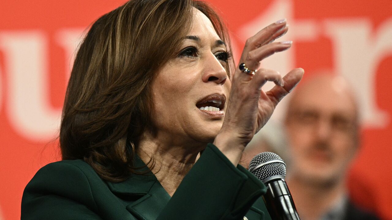 US Vice President and Democratic presidential candidate Kamala Harris speaks during a moderated conversation with Former US Rep. Liz Cheney, Republican of Wyoming, at People's Light performing arts theater Malvern, Pennsylvania, on October 21, 2024. (Photo by Brendan SMIALOWSKI / AFP) (Photo by BRENDAN SMIALOWSKI/AFP via Getty Images)