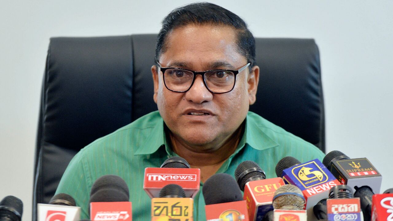 Sri Lankan Foreign Minister Vijitha Herath addresses the media in Colombo on Oct. 24, 2024.