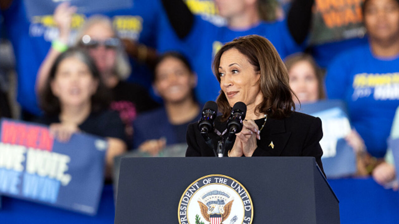 US Vice President and Democratic presidential candidate Kamala Harris speaks during a Get Out the Vote rally in Raleigh, North Carolina, on October 30, 2024. (Photo by Ryan M. Kelly / AFP) (Photo by RYAN M. KELLY/AFP via Getty Images)