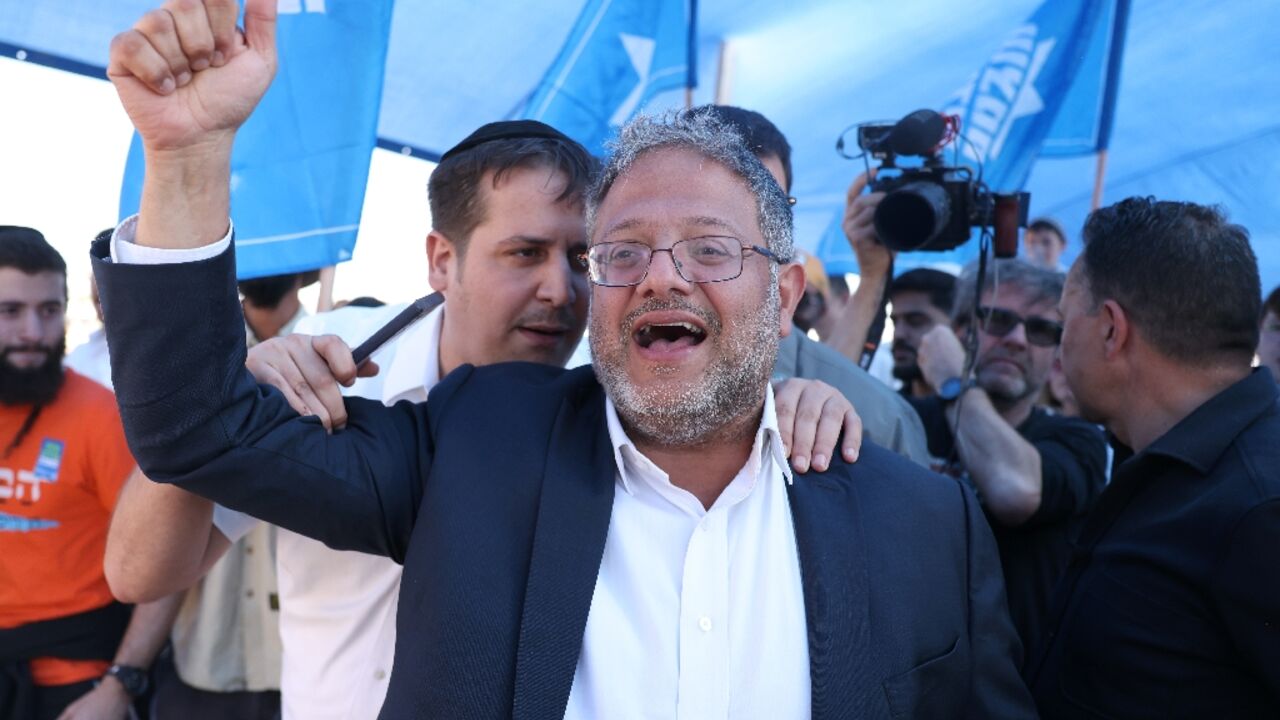 Israeli far-right minister Itamar Ben Gvir attends a gathering by right-wing activists near the border with Gaza calling to establish a new Jewish settlement in the Palestinian territory Israeli far-right minister Itamar Ben Gvir attends a gathering by right-wing activists near the border with Gaza calling to establish a new Jewish settlement in the Palestinian territory