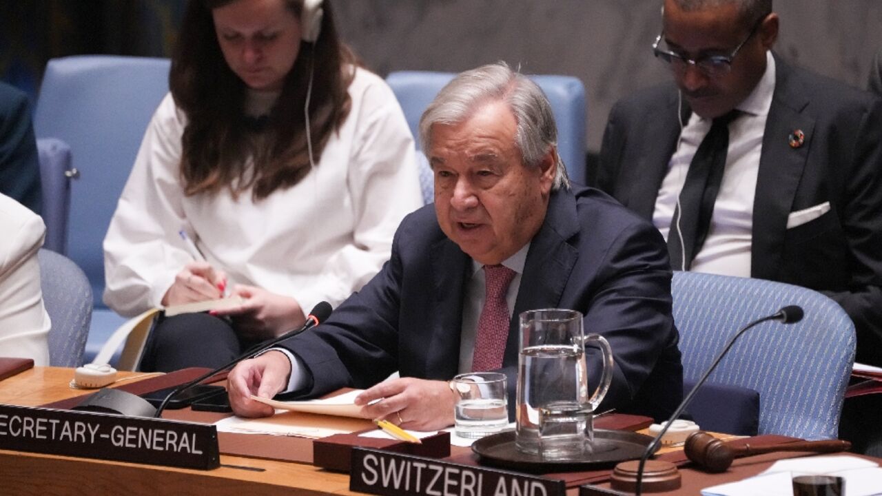 UN Secretary-General Antonio Guterres at a Security Council meeting on the situation in the Middle East