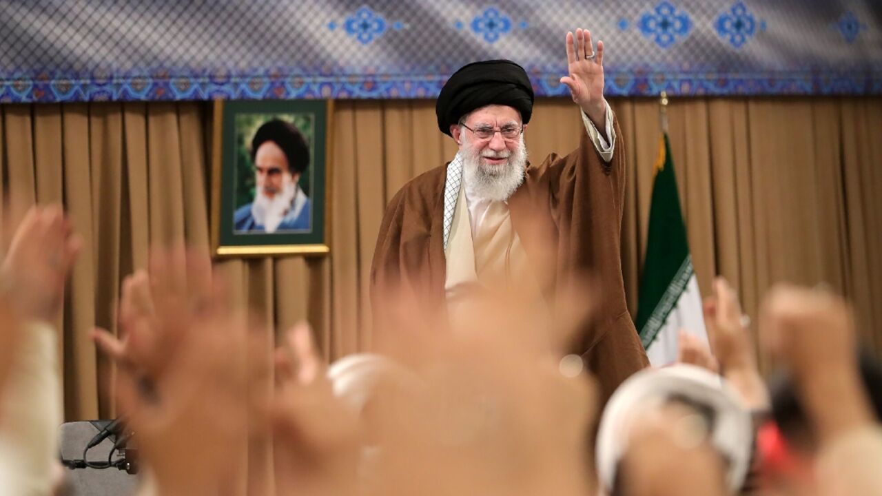 Iran's supreme leader Ayatollah Ali Khamenei greeting the crowd during a meeting with Basij paramilitaries in Tehran Iran's supreme leader Ayatollah Ali Khamenei greeting the crowd during a meeting with Basij paramilitaries in Tehran
