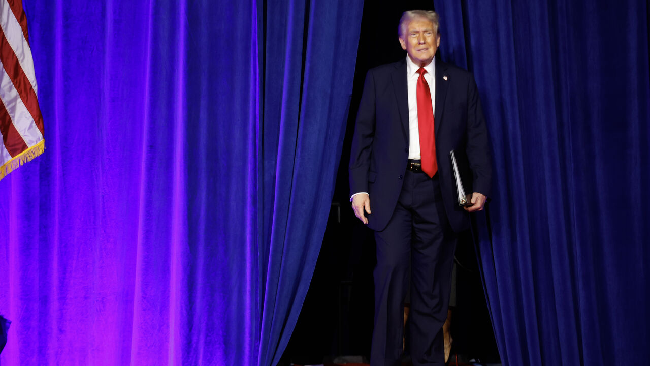 Republican presidential nominee, former US President Donald Trump arrives to speak during an election night event at the Palm Beach Convention Center on Nov. 6, 2024 in West Palm Beach, Florida. 