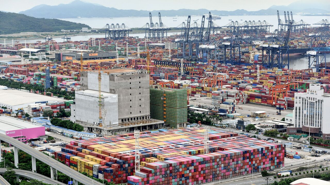 This aerial photo taken on June 22, 2021, shows cargo containers stacked at Yantian port in Shenzhen in China's southern Guangdong province.