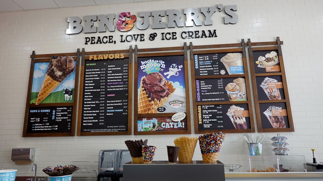 A menu hangs on the wall at a Ben & Jerry's ice cream store, Miami, Florida, on Sept. 23, 2021.