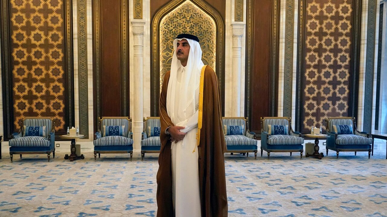Qatar's Emir Sheikh Tamim bin Hamad al-Thani looks, in Lusail, Qatar, on Oct. 13, 2023.