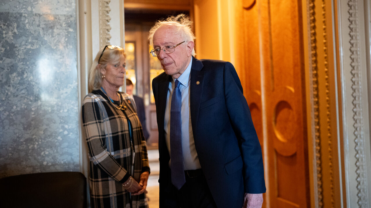 WASHINGTON, DC - APRIL 23: U.S. Sen. Bernie Sanders (I-VT) walks out of the Senate Chamber on Capitol Hill on April 23, 2024 in Washington, DC. The Senate takes up a $95 billion foreign aid package today for Ukraine, Israel and Taiwan. (Photo by Andrew Harnik/Getty Images)