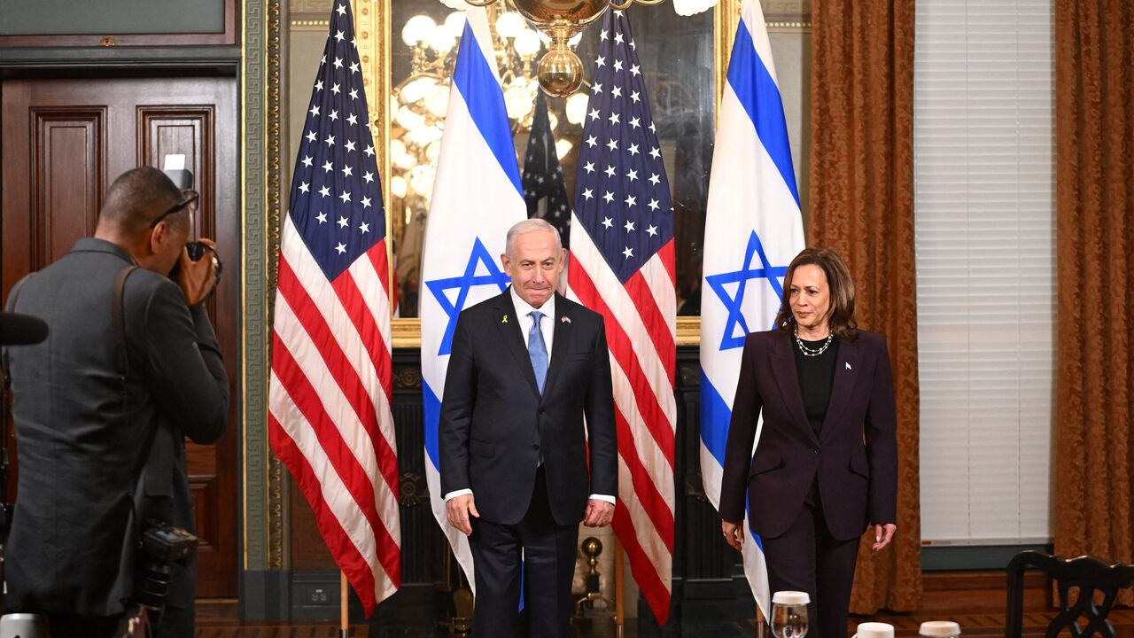 US Vice President Kamala Harris meets with Israeli Prime Minister Benjamin Netanyahu in the Vice President's ceremonial office at the Eisenhower Executive Office Building in Washington, DC, on July 25, 2024. (Photo by ROBERTO SCHMIDT / AFP) (Photo by ROBERTO SCHMIDT/AFP via Getty Images)