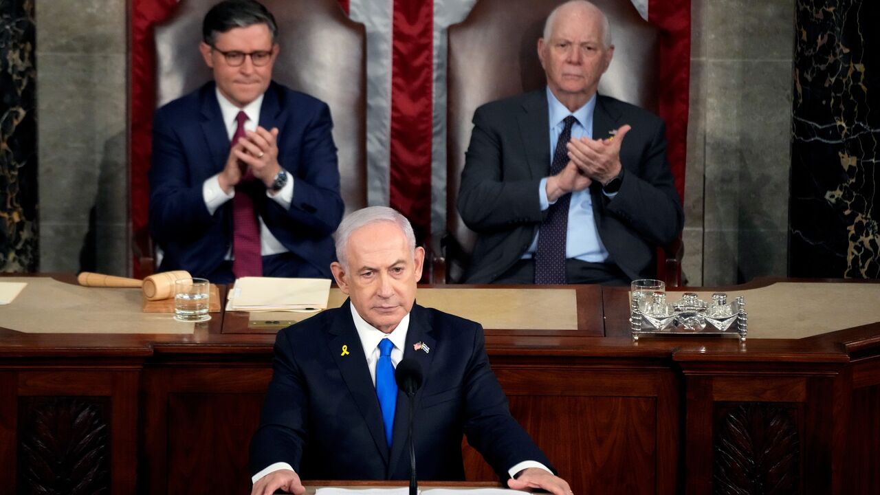 Israeli Prime Minister Benjamin Netanyahu addresses a joint meeting of Congress in the chamber of the House of Representatives at the US Capitol, on July 24, 2024, in Washington.