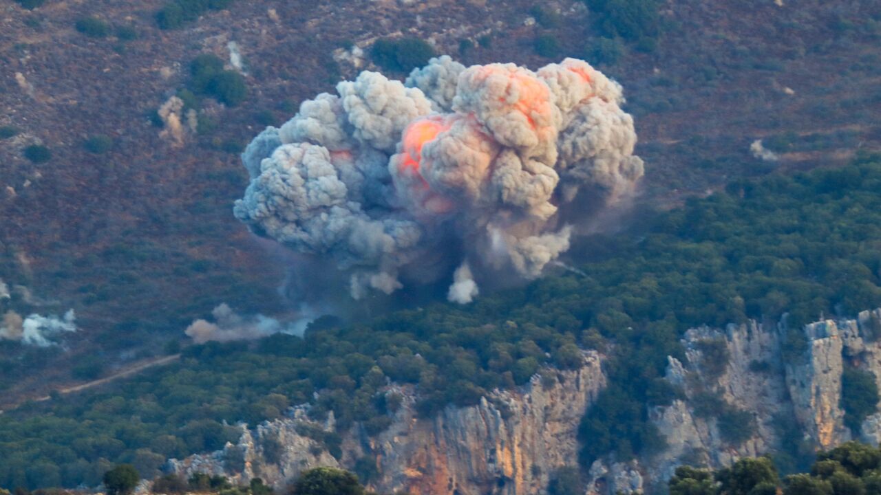 Smoke billows from the site of an Israeli airstrike in Marjayoun, near the Lebanon-Israel border, on Sept. 23, 2024.