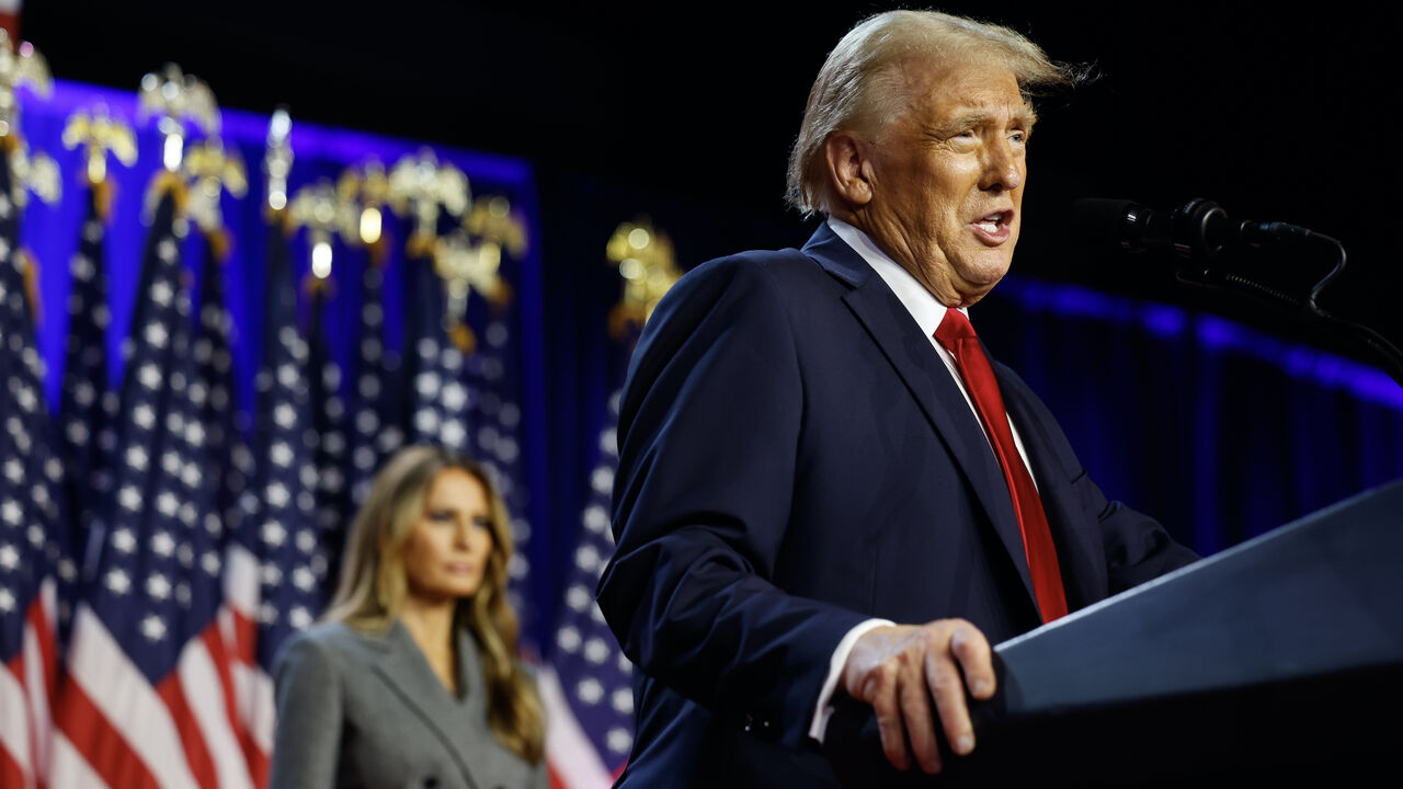 Republican presidential nominee, former US President Donald Trump, speaks during an election night event at the Palm Beach Convention Center on Nov. 6, 2024 in West Palm Beach, Florida.