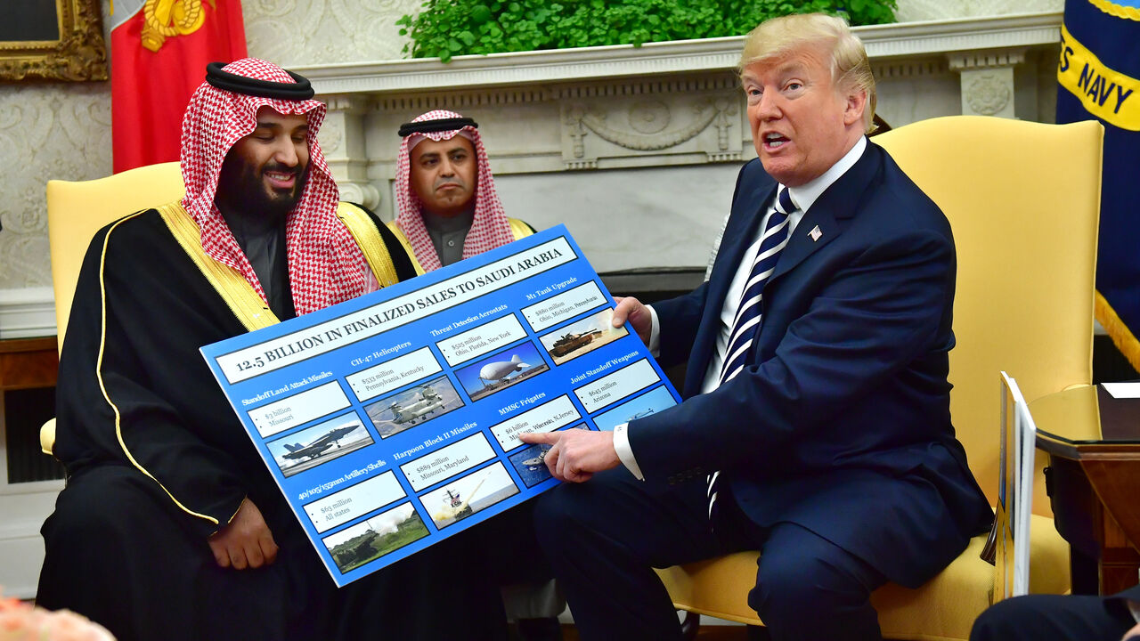 WASHINGTON, DC - MARCH 20: President Donald Trump (R) holds up a chart of military hardware sales as he meets with Crown Prince Mohammed bin Salman of the Kingdom of Saudi Arabia in the Oval Office at the White House on March 20, 2018 in Washington, D.C. (Photo by Kevin Dietsch-Pool/Getty Images)