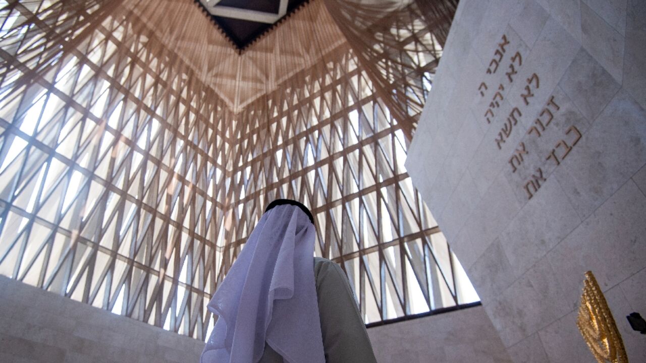 A visitor at the UAE's first official synagogue, opened within an interfaith centre in Abu Dhabi last year