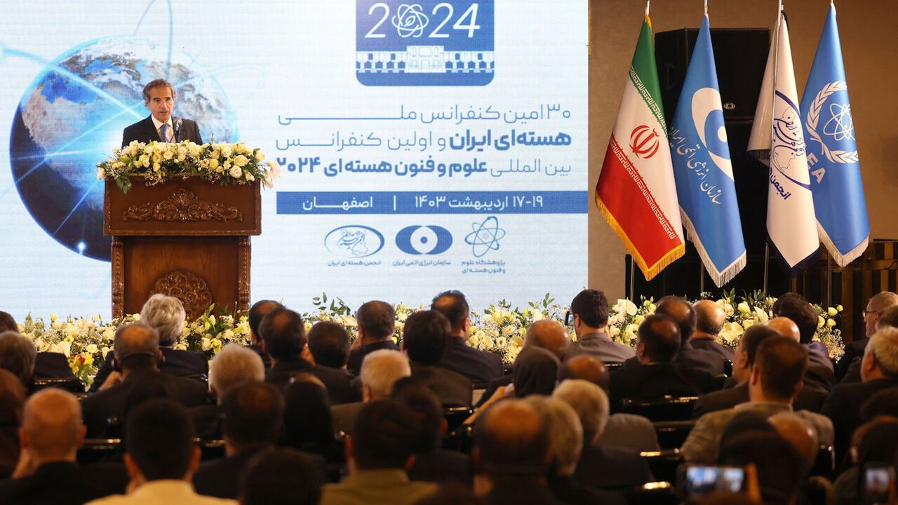 Director General of the International Atomic Energy Agency Rafael Grossi speaks during the International Conference on Nuclear Science and Technology in Isfahan, on May 7, 2024. 