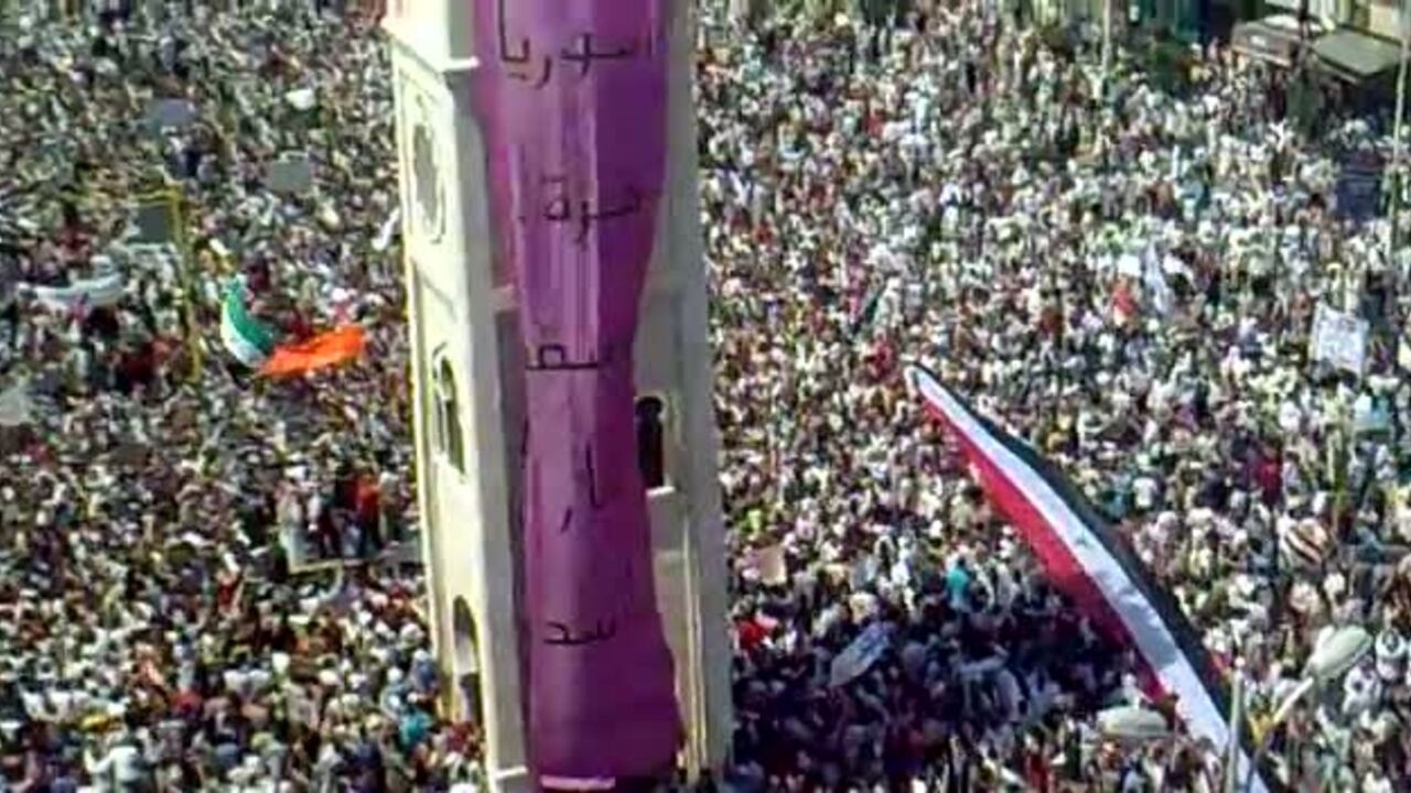 Hundreds of thousands of Syrian anti-government protesters, in Hama on July 1, 2011, demand the fall of President Bashar al-Assad's government, in an image grab taken from footage uploaded on YouTube