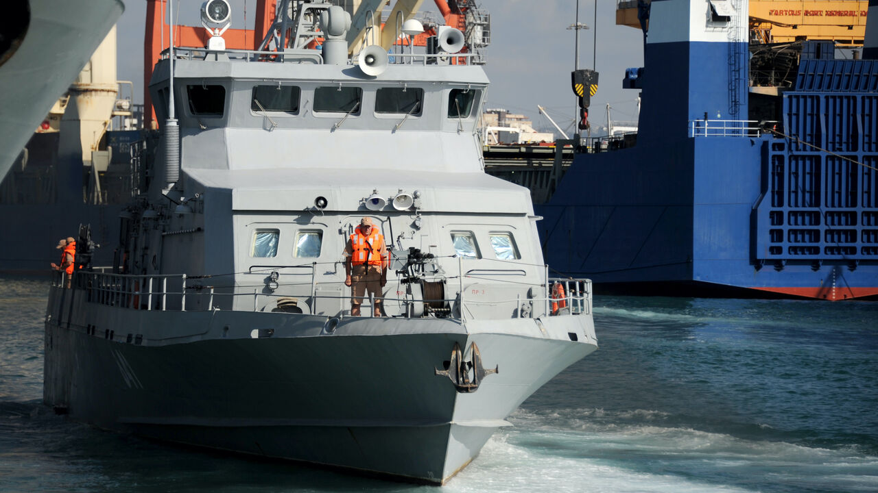 A Russian warship is pictured at the Russian naval base in the Syrian Mediterranean port of Tartous on Sept. 26, 2019. 