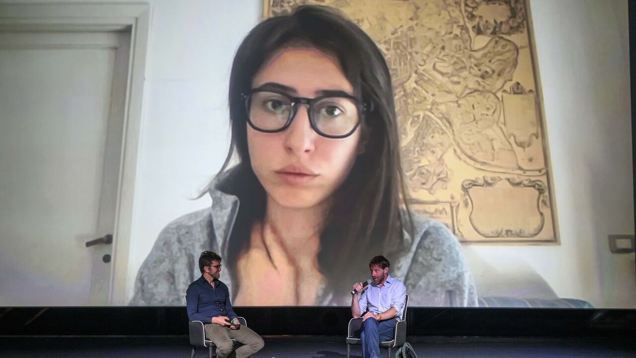 Alessio Romenzi, Sergio Splendore and Cecilia Sala are seen on stage during the “Gli orrori della guerra: storie dal fronte” event as part of the Terni Influencer & Creator Festival 2024, on April 13, 2024, in Terni, Italy. 