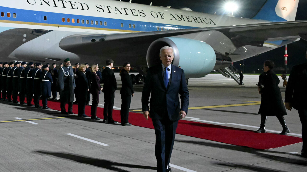 US President Joe Biden arrives to speak to the press upon arrival at Berlin-Brandenburg Airport (BER) in Schoenefeld, southeast of the German capital, late on October 17, 2024. US President Joe Biden began a farewell visit to Germany on October 17 for talks with European leaders on support for Ukraine in its war against Russia and on the Middle East conflict. (Photo by ANDREW CABALLERO-REYNOLDS / AFP) (Photo by ANDREW CABALLERO-REYNOLDS/AFP via Getty Images)