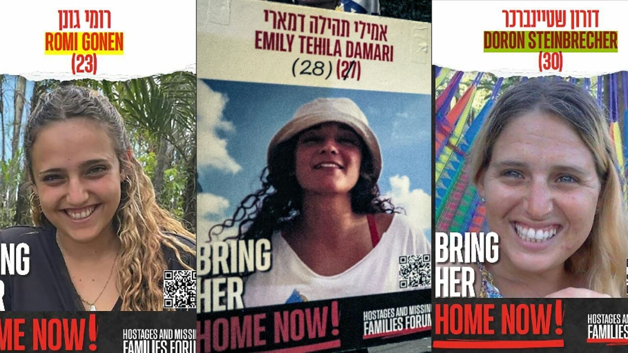 A photo combination shows posters of Israeli hostages Romi Gonen (L), Emily Damari and Doron Steinbrecher