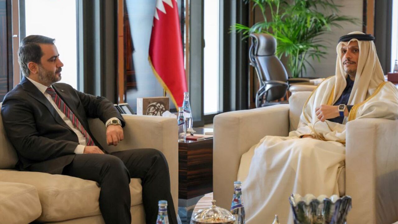 Asaad al-Shaibani (L), foreign minister for the interim Syrian government, met with Qatar's Prime Minister and Minister of Foreign Affairs Mohammed bin Abdulrahman bin Jassim Al-Thani in Doha