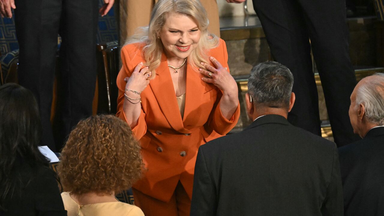 Sara Netanyahu arrives for her husband Israeli Prime Minister Benjamin Netanyahu's address to a joint meeting of Congress at the US Capitol on July 24, 2024, in Washington, DC. (Photo by SAUL LOEB / AFP) (Photo by SAUL LOEB/AFP via Getty Images)
