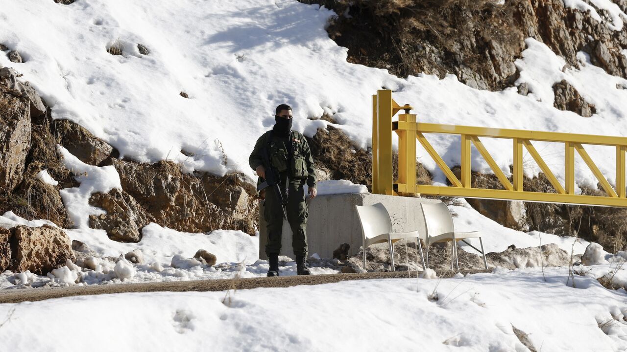 An Israeli soldier stands guard at the Hermon ski resort, bordering Syria and Lebanon, during a media tour organized by the spokesman of the Israeli army, in the Israeli-annexed Golan Heights on Jan. 8, 2025.