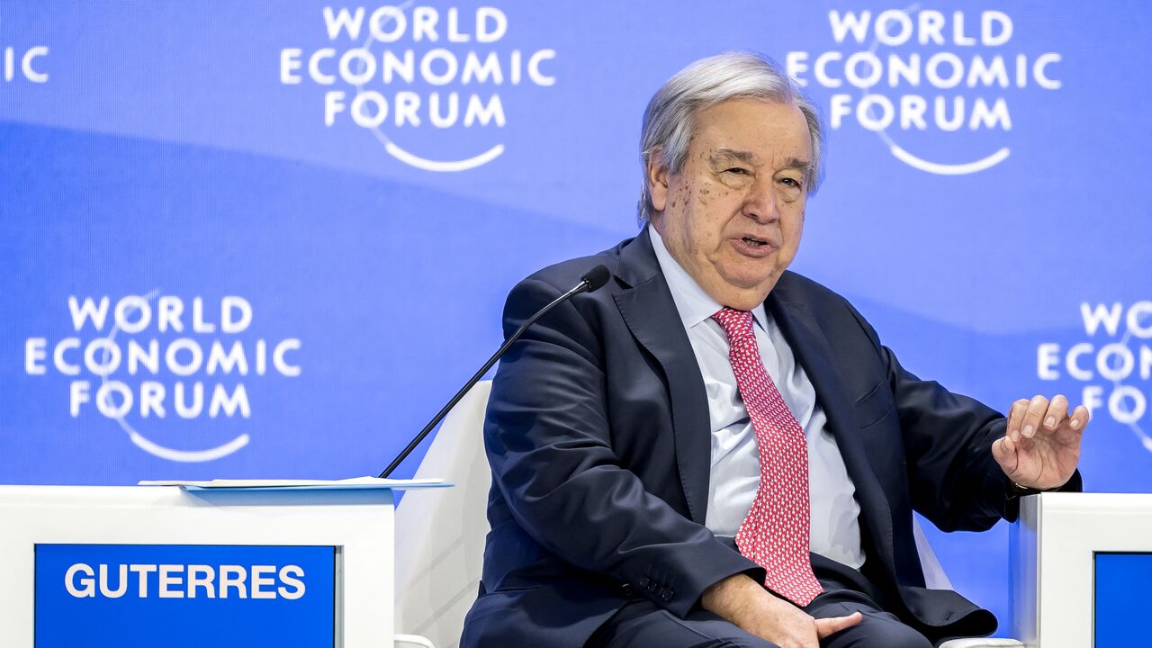 UN Secretary-General Antonio Guterres addresses a speech during the World Economic Forum annual meeting in Davos, Switzerland, on Jan. 22, 2025. 