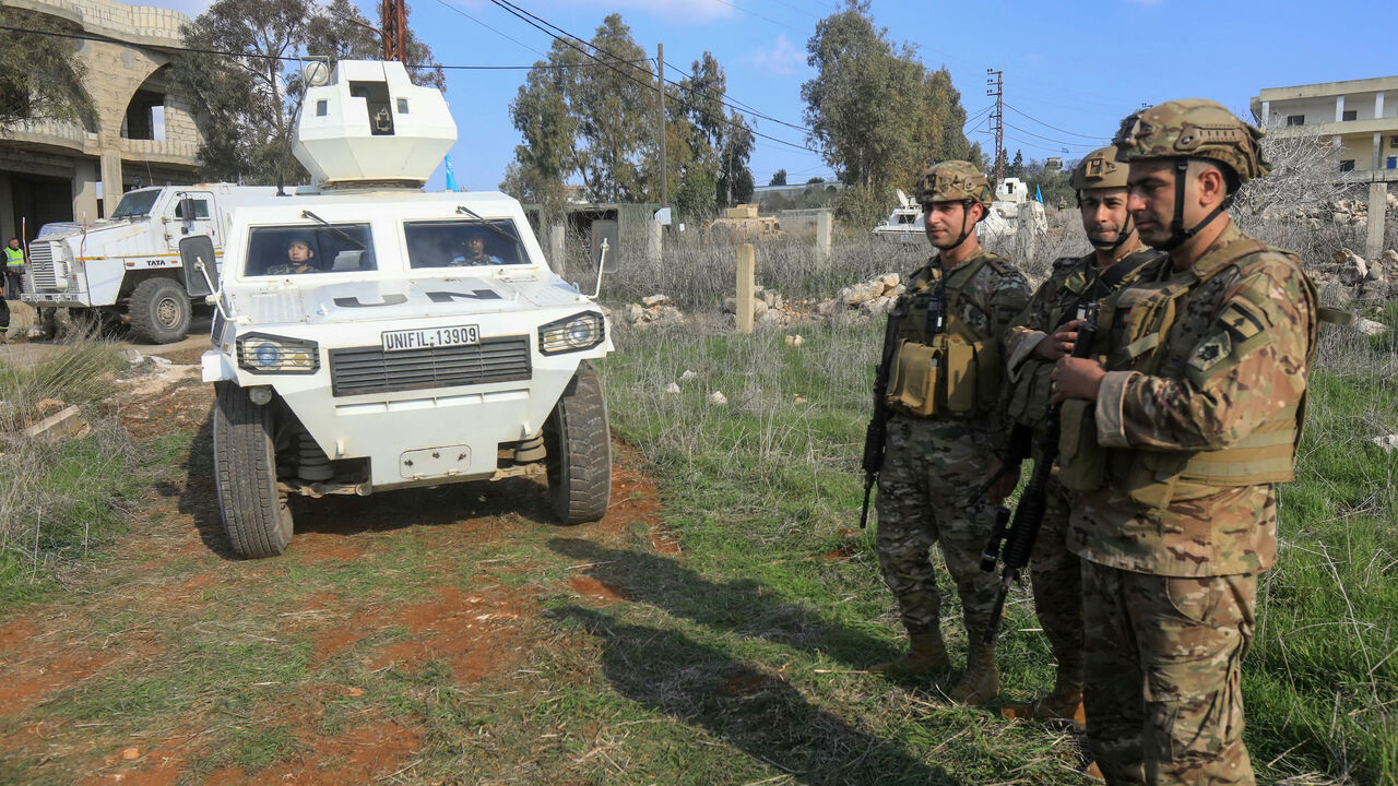 Lebanese army and UNIFIL soldiers deploy to prevent residents of the southern Lebanese village of Mais al-Jabal from returning to their town on Jan. 27, 2025.