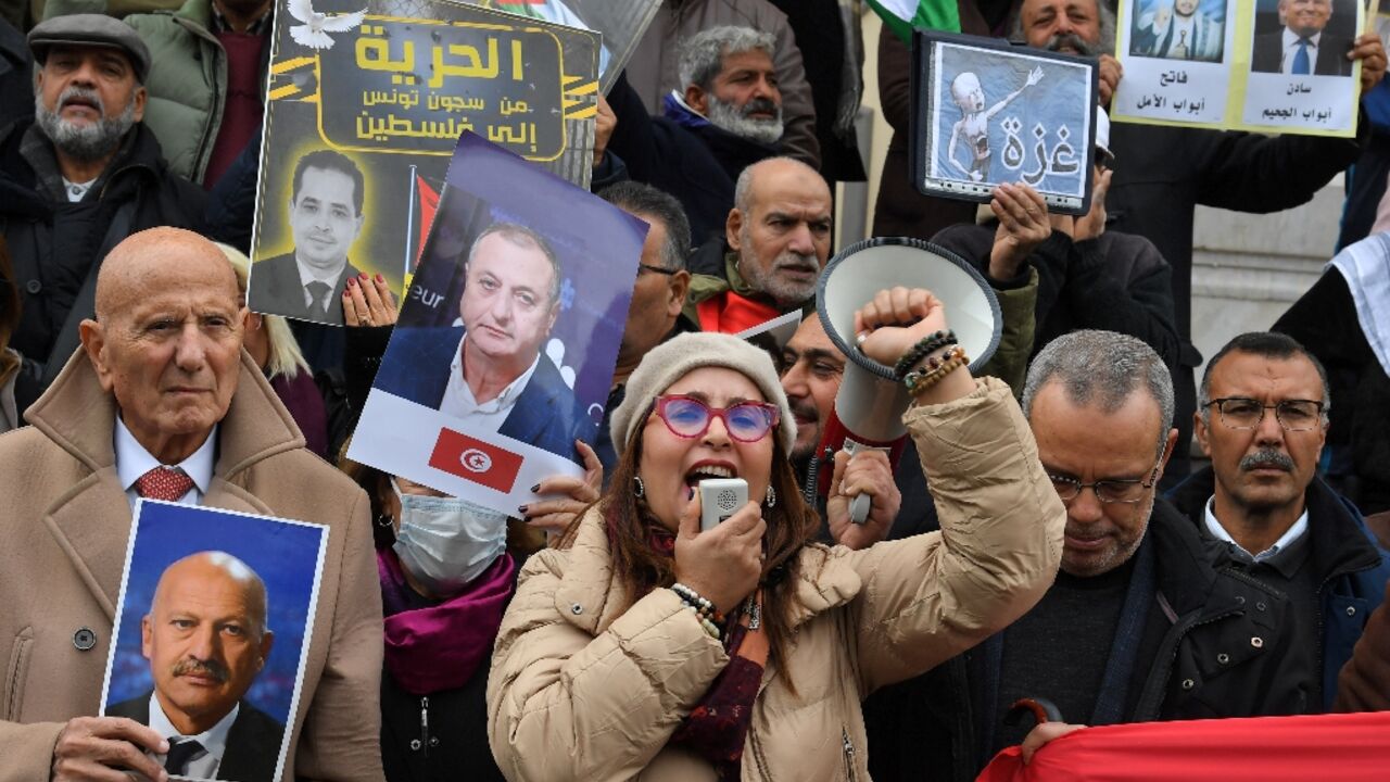 The rally in Tunis was organised by a political coalition that includes staunch opponents of current President Kais Saied The rally in Tunis was organised by a political coalition that includes staunch opponents of current President Kais Saied