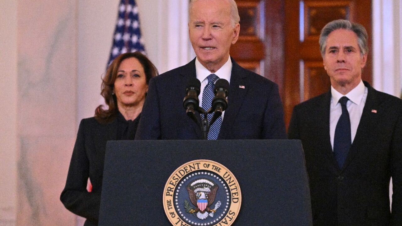 US President Joe Biden speaks about the Israel-Hamas ceasefire and hostage release deal in the Cross Hall of the White House, as Vice President Kamala Harris and Secretary of State Antony Blinken look on, on January 15, 2025. Israel and Hamas agreed on Wednesday to a deal for a ceasefire and the release of hostages being held in Gaza following separate meetings with Qatar's prime minister, a source briefed on the talks told AFP. A US official confirmed the deal.
US President Joe Biden speaks about the Israel-Hamas ceasefire and hostage release deal in the Cross Hall of the White House, as Vice President Kamala Harris and Secretary of State Antony Blinken look on, on January 15, 2025. Israel and Hamas agreed on Wednesday to a deal for a ceasefire and the release of hostages being held in Gaza following separate meetings with Qatar's prime minister, a source briefed on the talks told AFP. A US official confirmed the deal.