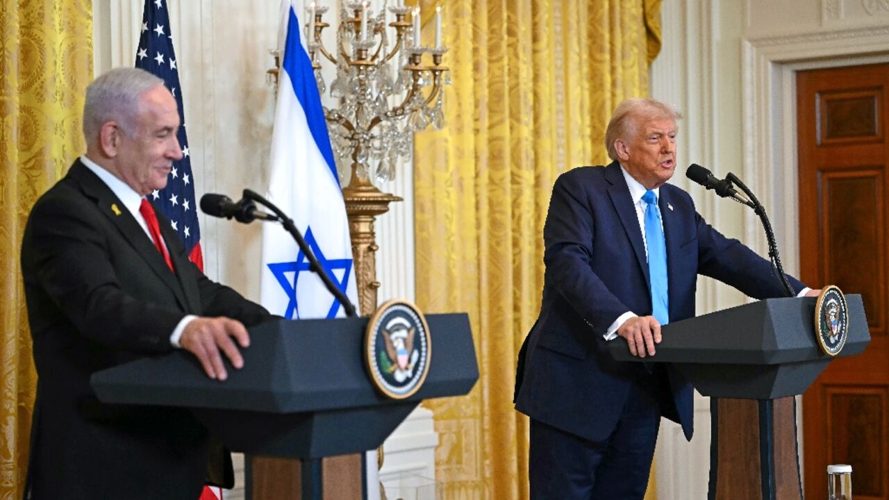 US President Donald Trump and Israel's Prime Minister Benjamin Netanyahu hold a press conference in the East Room of the White House in Washington, DC, on February 4, 2025.