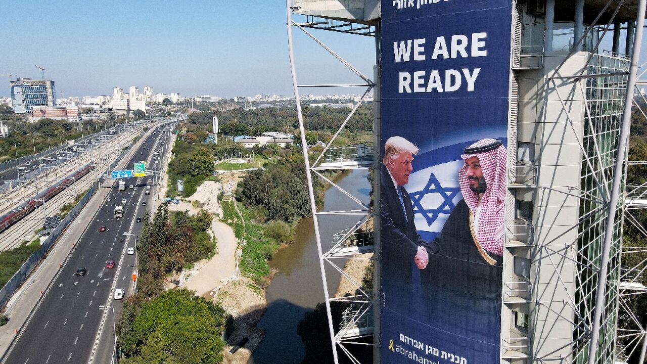 A billboard bearing a picture of US President Donald Trump and Saudi Crown Prince Mohammed bin Salman is seen on a building in Ramat Gan, Israel