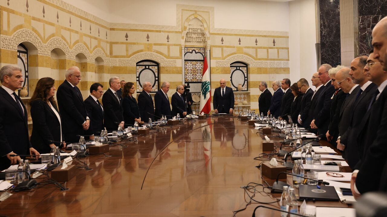 President Joseph Aoun (C) chairs the first meeting of Lebanon's new government at the Baabda Palace, east of Beirut, on Feb. 11, 2025.