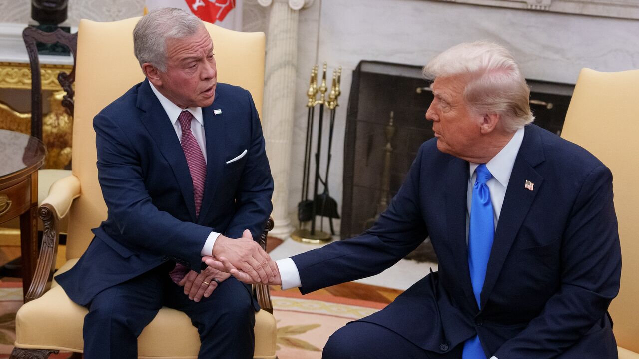 President Donald Trump and Jordan's King Abdullah II bin Al-Hussein shake hands during a meeting in the Oval Office of the White House, on Feb. 11, 2025, in Washington.