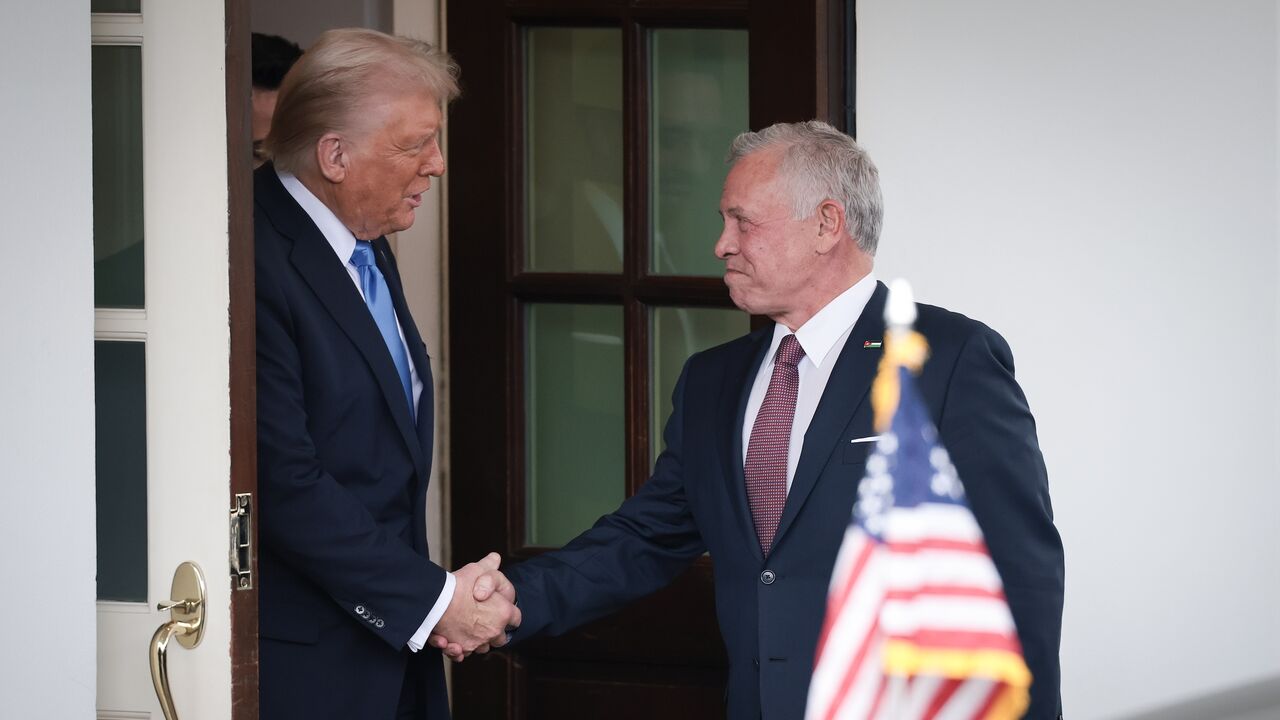 US President Donald Trump shakes hands with Jordanian King Abdullah II as he departs the White House, Washington, DC, Feb. 11, 2025.