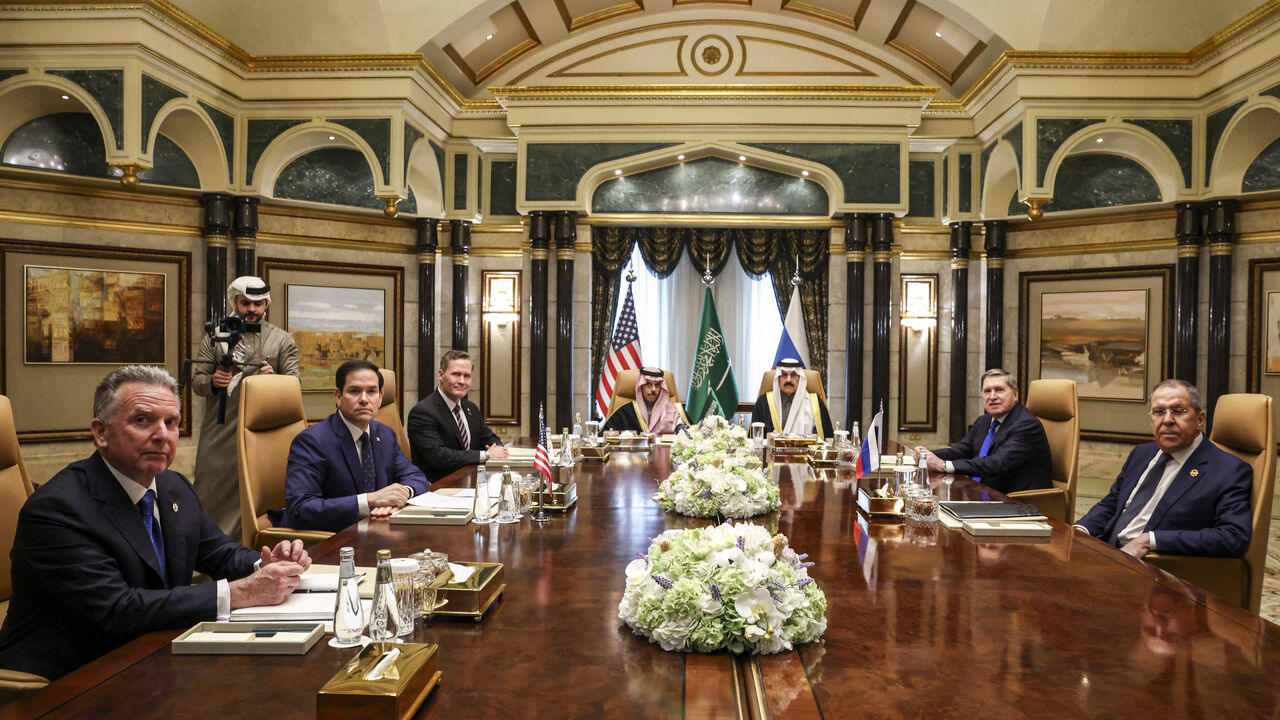 TOPSHOT - (L to R) US Middle East envoy Steve Witkoff, Secretary of State Marco Rubio, National Security Advisor Mike Waltz, Saudi Arabia's Foreign Minister Prince Faisal bin Farhan al-Saud, National Security Advisor Mosaad bin Mohammad al-Aiban, the Russian president's foreign policy advisor Yuri Ushakov, and Russia's Foreign Minister Sergei Lavrov attend a meeting together at Riyadh's Diriyah Palace on February 18, 2025. Top US and Russian diplomats were meeting in Saudi Arabia on Tuesday for talks on res