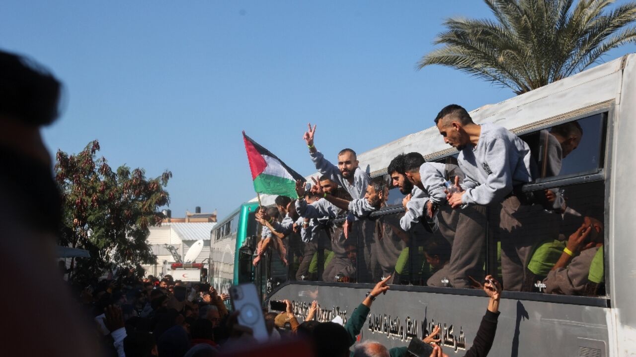 The freed prisoners were taken to Khan Yunis in Gaza where a large crowd met them The freed prisoners were taken to Khan Yunis in Gaza where a large crowd met them