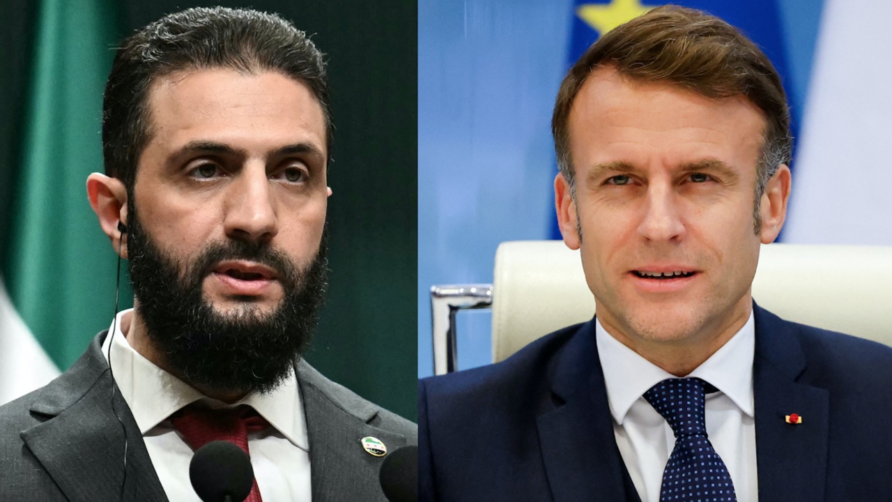 A composite image of Syria's interim President Ahmed al-Sharaa (L) and French President Emmanuel Macron (R). 