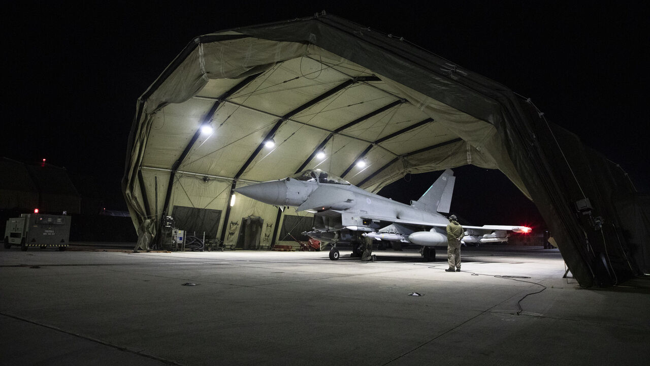 In this handout image provided by the UK Ministry of Defence, a Royal Air Force Typhoon FRG4s is being prepared to conduct further strikes against Houthi military targets in Yemen at RAF Akrotiri on Feb. 3, 2024 in Akrotiri, Cyprus.